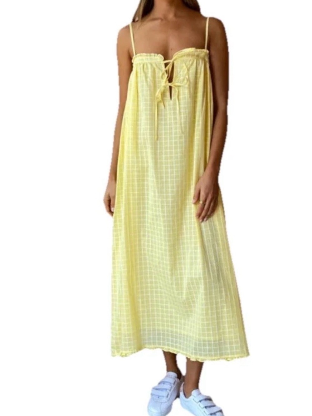 Steele Bondi Yellow Grid Maxi Dress with Tie-Front and Spaghetti Straps
